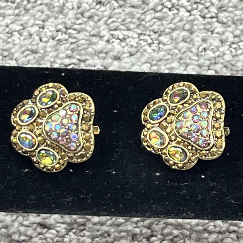 Heidi Daus Pretty Paw Print Clip Earrings Crystal Rhinestone Jewelry Signed